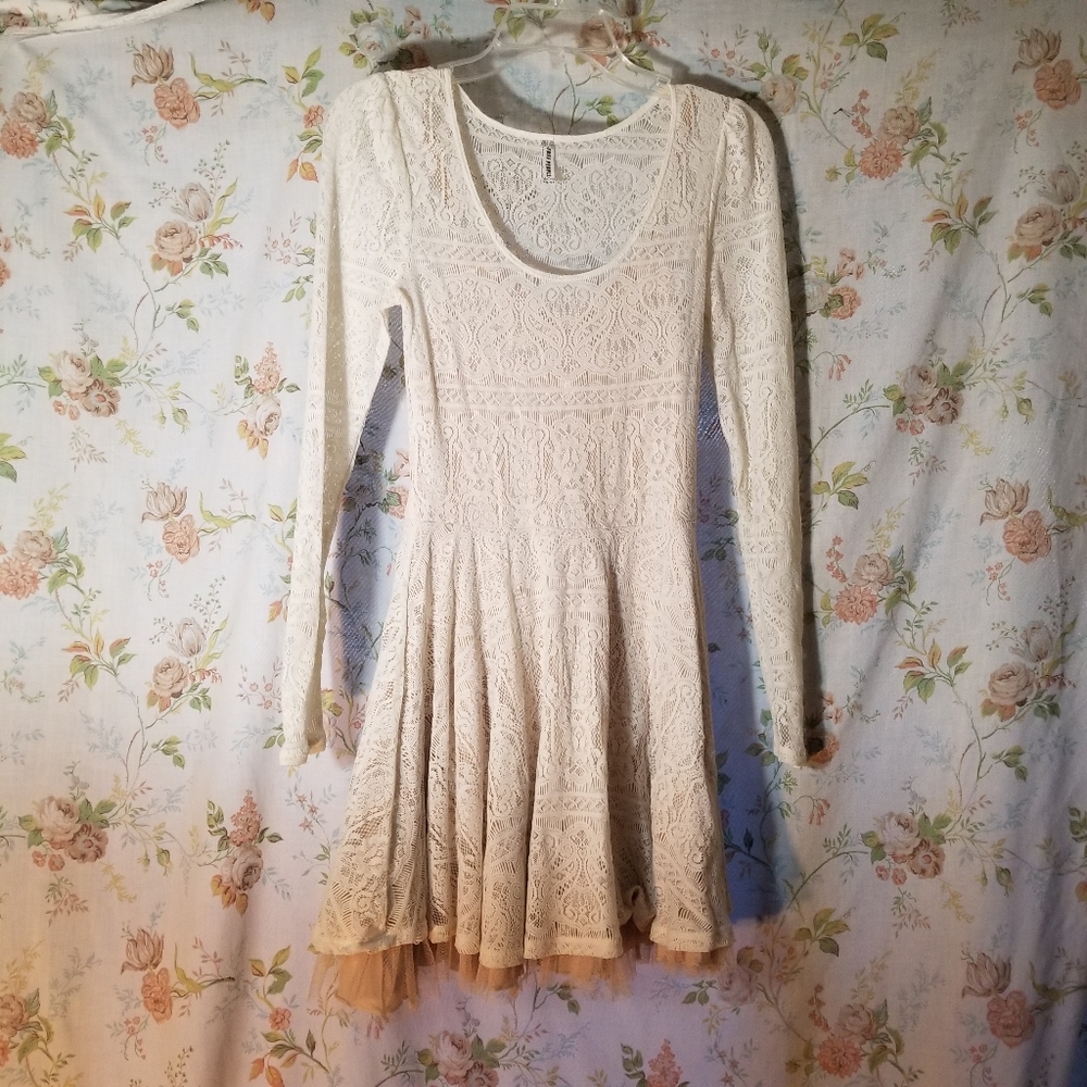 Free people longsleeve lace layered dress XS boho